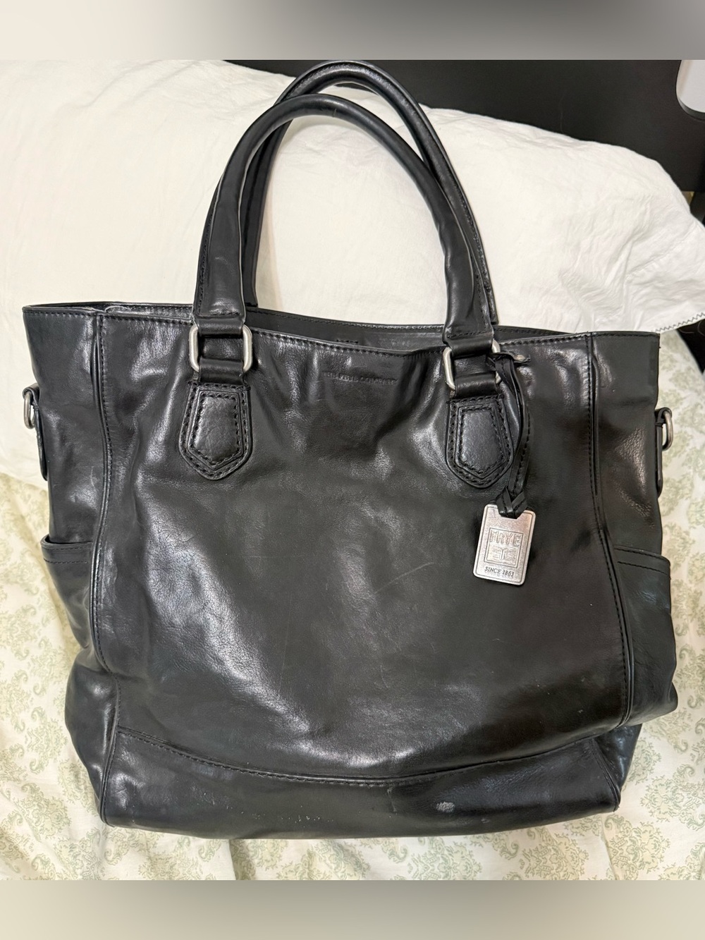 Frye Black Genuine Italian Leather Tote Shoulder Bag Work Laptop Carryall
